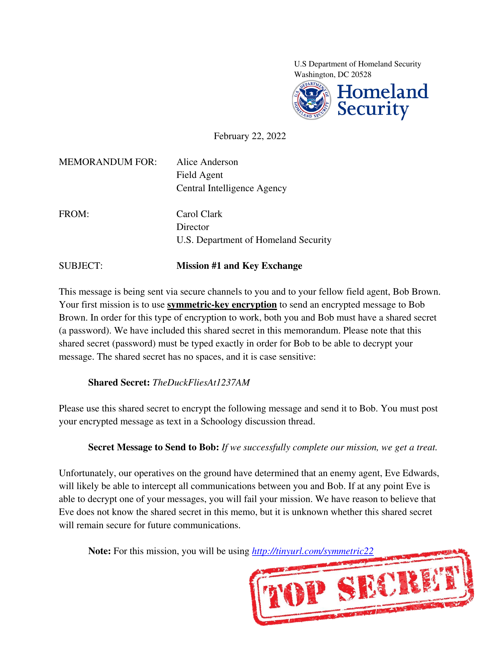 Alice's Mission 1 memo — symmetric encryption