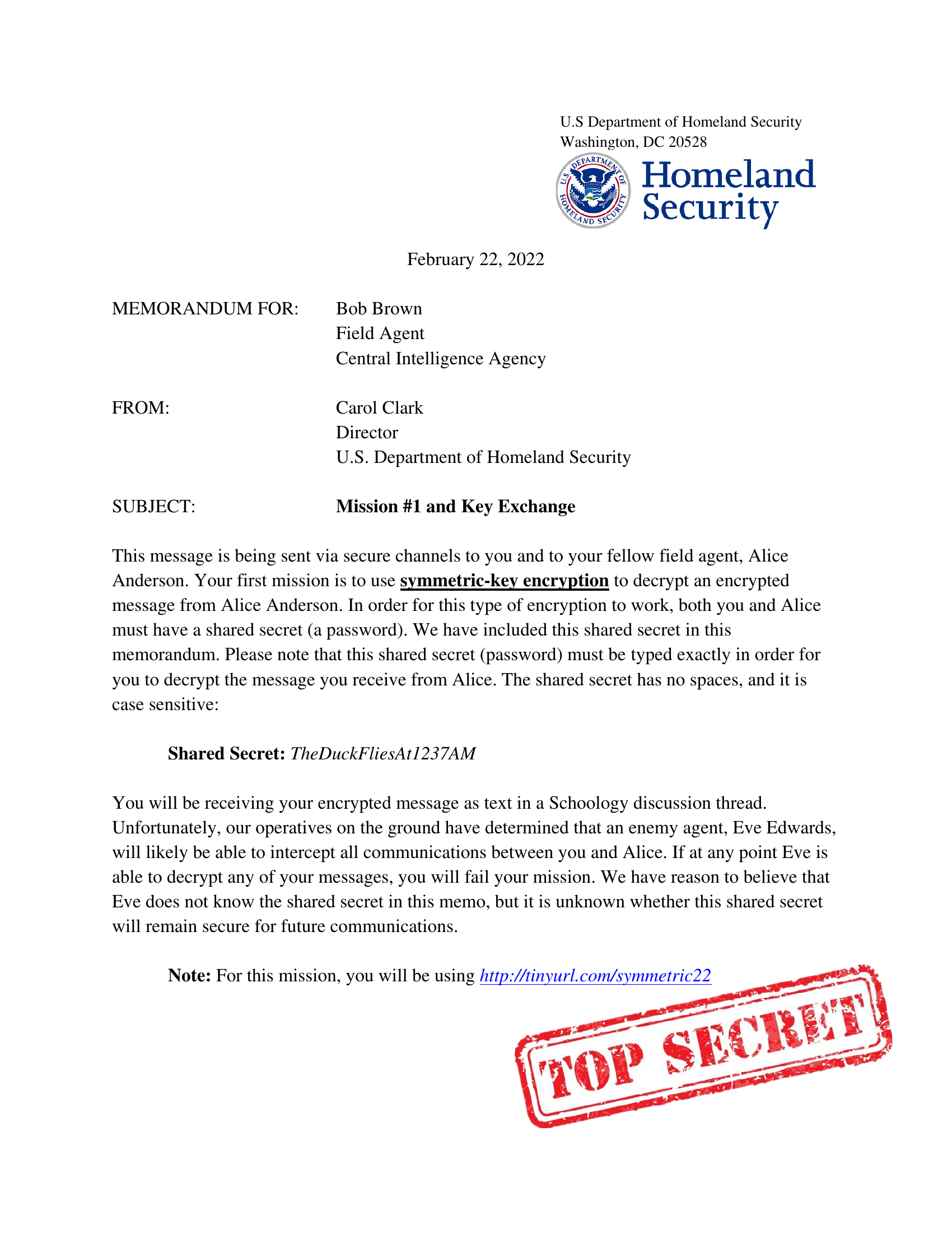 Bob's Mission 1 memo — symmetric decryption