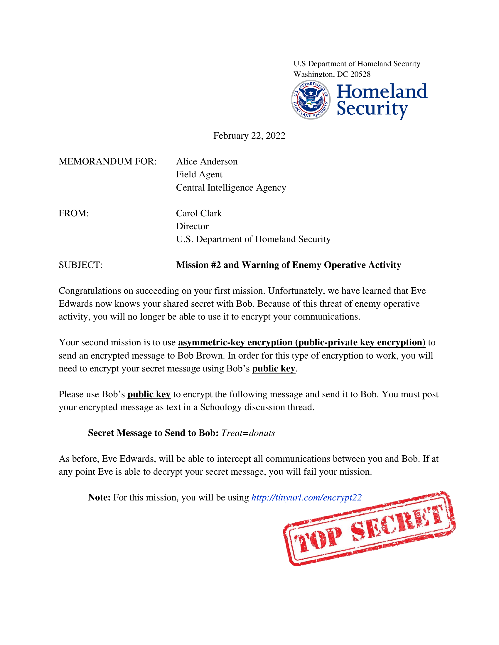 Alice's Mission 2 memo — asymmetric encryption