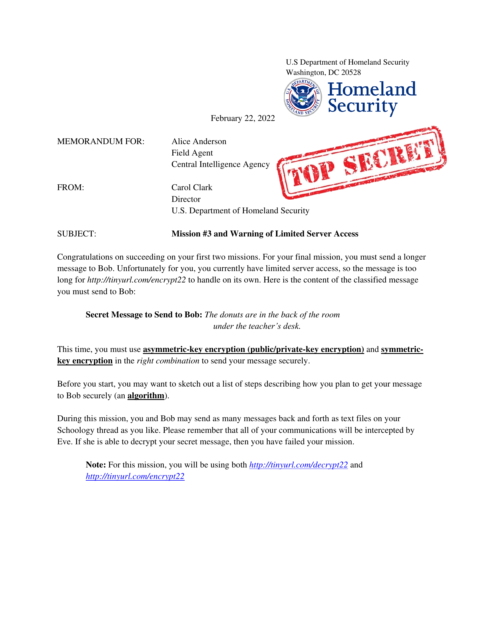 Alice's Mission 3 memo — hybrid encryption